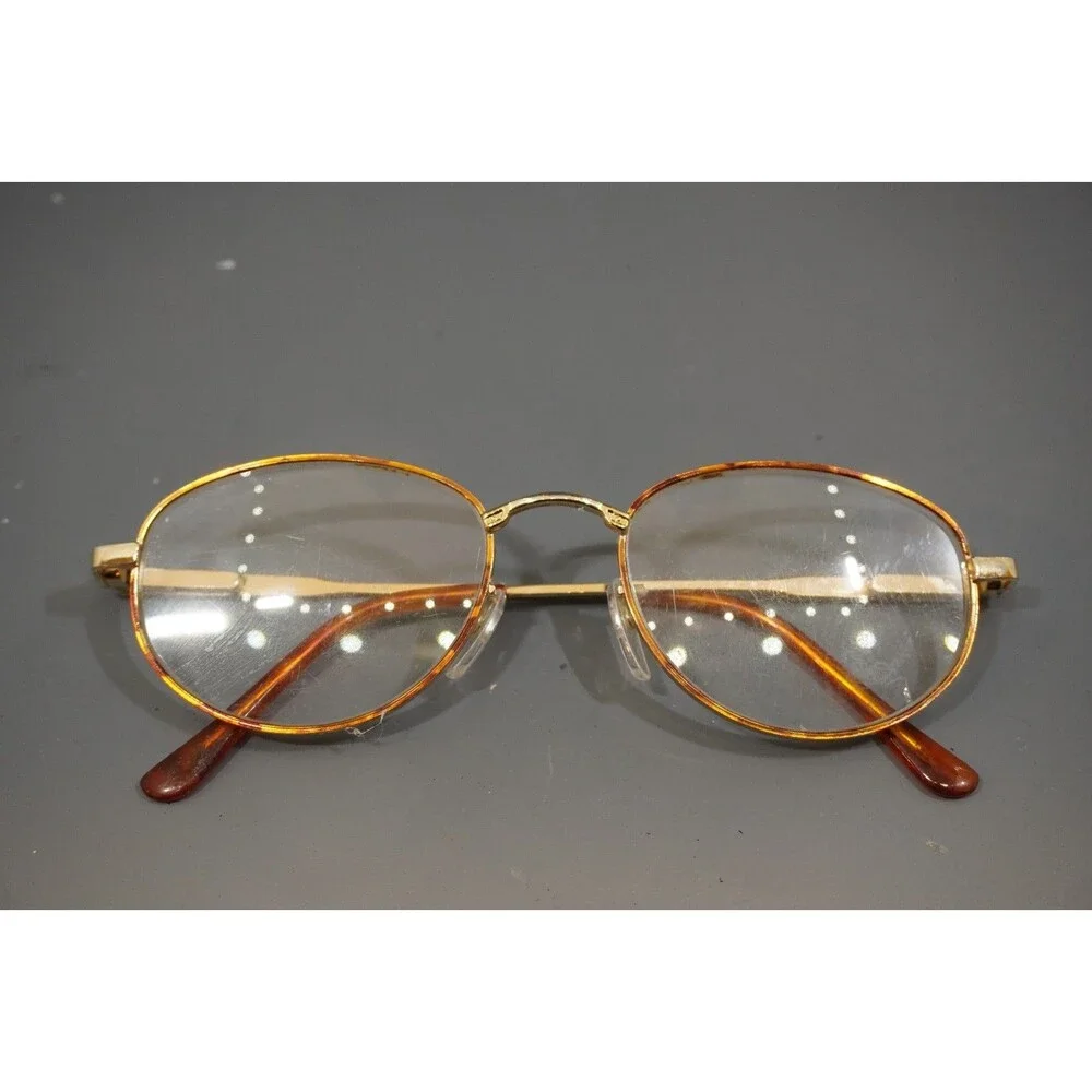 Vintage Gold Full Rim Eyeglass Frames Oval Textured Etched Temples Tortoise Tips